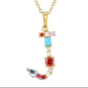 J Letter Pendant Necklace Multi-color Rhinestones Gold Tone Chain